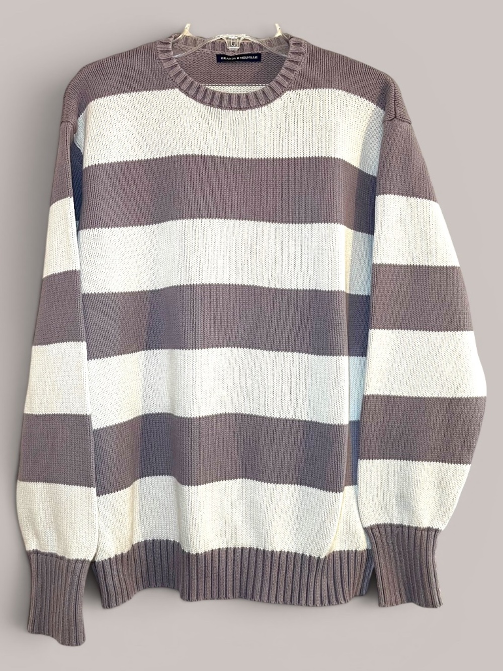 Brandy Melville Brown and White Wide Striped Crew Neck Cotton Sweater